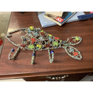 Vintage Mexican Seed Bead Wire Fish Coat Rack Hooks Wall Hanging Folk Art
